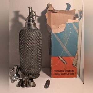 Vintage Sparklets Soda Siphon Seltzer Glass Wire Mesh Bar Water Bottle.